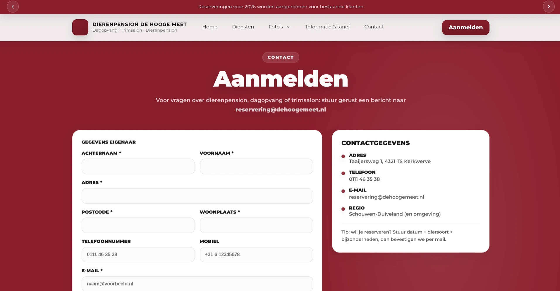 Aanmeldformulier van Dierenpension De Hooge Meet